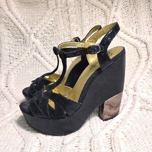 VTG Seychelles Platform Wedge Black Snakeskin Metallic Chunky Sandals Women 7